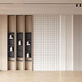 Modern Beige Background Wall With Grid Tile Vertical Stripe Design And Black Shelves