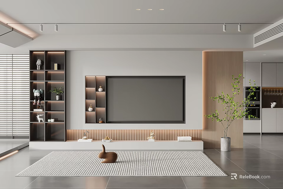Modern Living Room TV Wall Design With Wooden Panels And Ambient Lighting 3d model 