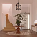 Stylish Foyer Hallway With Marble Console Table Green Plants And Lantern