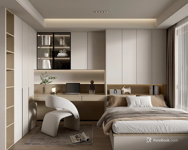 Modern Tatami Bedroom Interior With Built in Cabinets Desk Chair And Shelves 3d model 