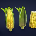 Fresh Corn Vegetables in Various Forms with Green Husks and Yellow Kernels Displayed 3d model