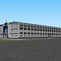 Modern Multi Story Office Building With Large Glass Windows Parked Cars And Landscaped Area