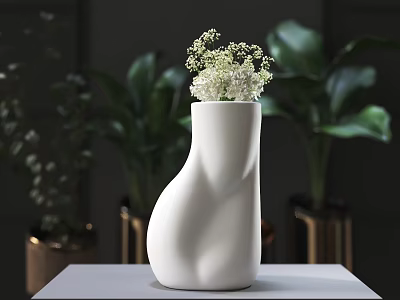 White Ceramic Vase With Unique Shape Holding White Small Flowers And Green Plants 3d model