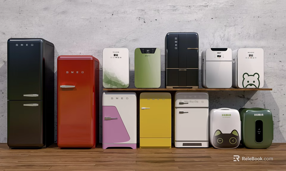 Colorful Refrigerators and Freezers in Various Styles with Cartoon Patterns on Wooden Floor 3d model 