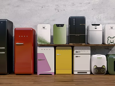 Colorful Refrigerators and Freezers in Various Styles with Cartoon Patterns on Wooden Floor 3d model