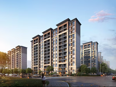 Modern High rise Residential Buildings With Greenery People Walking Near Road And Clear Sky 3d model