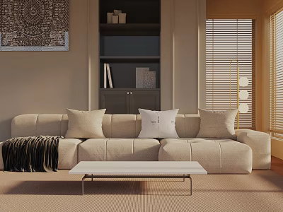 Beige Three Seater Sofa With Pillows Black Blanket And White Coffee Table In Natural Light 3d model