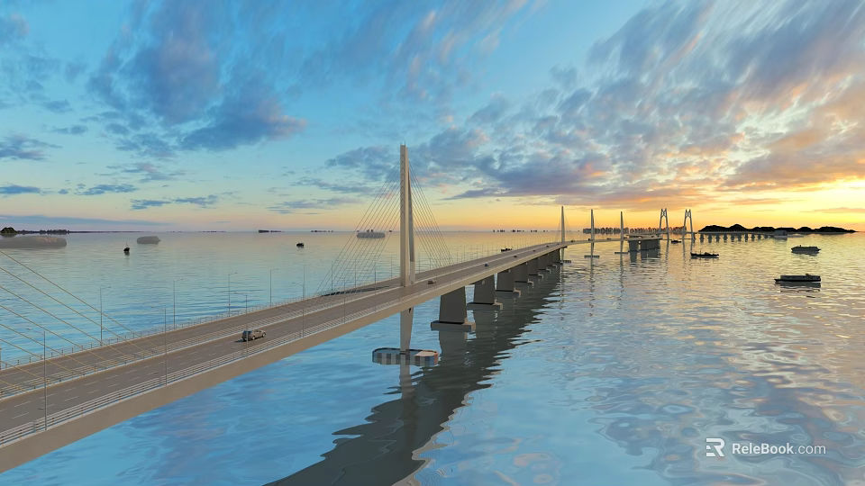 Grand Modern Cable Stayed Sea Crossing Highway Bridge Spanning Calm Ocean Under Beautiful Sunset Sky 3d model 