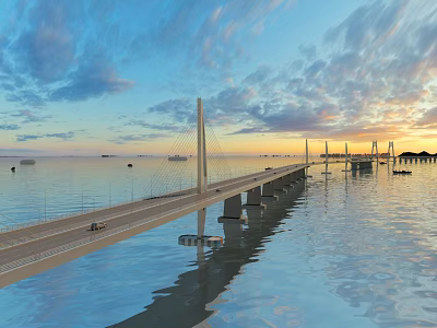 Grand Modern Cable Stayed Sea Crossing Highway Bridge Spanning Calm Ocean Under Beautiful Sunset Sky 3d model