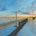 Grand Modern Cable Stayed Sea Crossing Highway Bridge Spanning Calm Ocean Under Beautiful Sunset Sky