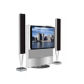 Modern Television with Two Black Speakers and Cityscape Water View on Silver Base