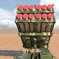 Camouflaged Military Missile Launch Vehicle With Elevated Launcher In Desert Terrain
