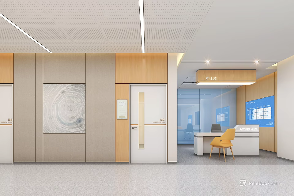 Modern Hospital Outpatient Clinic Interior Design With Reception Desk Yellow Chair And Wall Art 3d model 