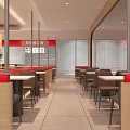 Modern Restaurant Interior With Wooden Elements Counter Seating Pendant Lights Red Decor And Green Plants