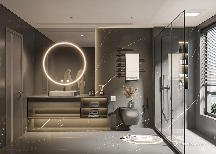 Modern Bathroom Interior Design With Circular Lighted Mirror Marble Walls And Glass Shower 3d model 