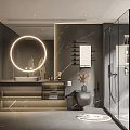 Modern Bathroom Interior Design With Circular Lighted Mirror Marble Walls And Glass Shower