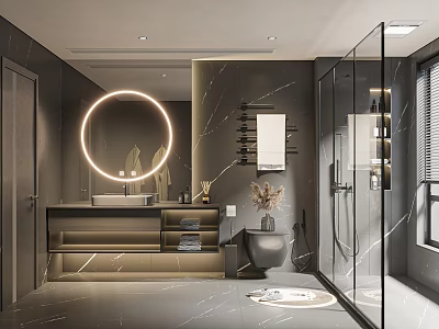 Modern Bathroom Interior Design With Circular Lighted Mirror Marble Walls And Glass Shower 3d model