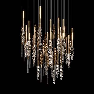 Modern Crystal Chandelier With Brass Rods And Hanging Decorative Elements 3d model