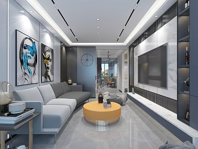 Modern Living And Dining Room Interior With Gray Sofa Round Coffee Table And TV Wall 3d model