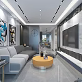 Modern Living And Dining Room Interior With Gray Sofa Round Coffee Table And TV Wall