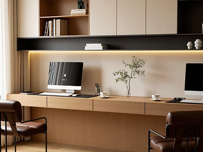 Modern Home Study With Long Desk Computer Monitors Bookshelf And Leather Chairs 3d model