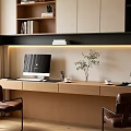 Modern Home Study With Long Desk Computer Monitors Bookshelf And Leather Chairs