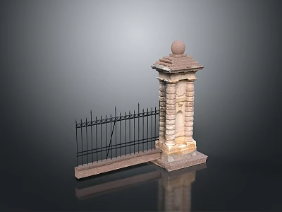 Scenic Landscape Featuring Historic Stone Pillar Black Iron Fence Spherical Top and Detailed Base 3d model