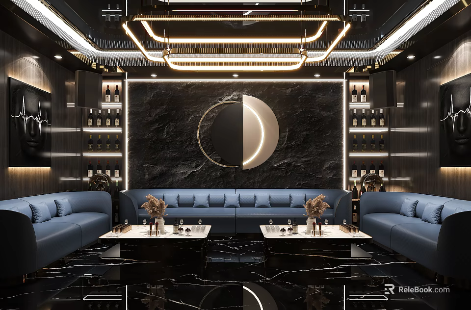 Modern KTV Lounge Interior Design With Blue Sofas Round Decorative Wall And Chandelier Lighting 3d model