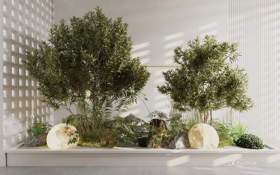 Indoor Landscape Design With Green Trees Rocks And Round Light Fixtures 3d model 