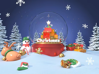 Christmas Scene With Snow Globe Christmas Tree Gifts Snowman Reindeer And Pine Trees 3d model