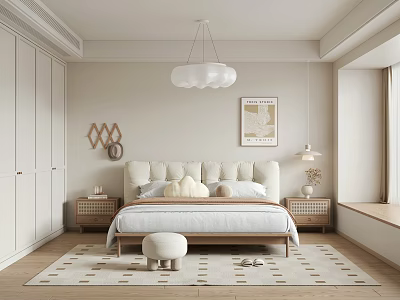 Minimalist Modern Bedroom Interior With Beige Walls Wooden Flooring Upholstered Headboard And Pendant Light 3d model