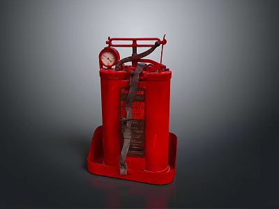 Vintage Red Fire Extinguisher With Pressure Gauge And Handle On Base Tray 3d model
