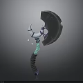 Fantasy Axe Weapon with Curved Blade Dark Head Green Spiral Handle and Ornate Purple Accents
