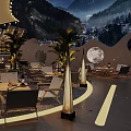 Scenic Mountain Backdrop Bar With Outdoor Seating Night View And Ambient Lighting Decor