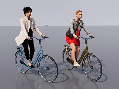 Two Women Riding Bicycles Wearing Light Coat And Red Dress With Blue Brown Bikes 3d model