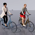 Two Women Riding Bicycles Wearing Light Coat And Red Dress With Blue Brown Bikes