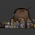 Durable Brown Leather Backpack With Metal Buckles Books Knife And Bottles