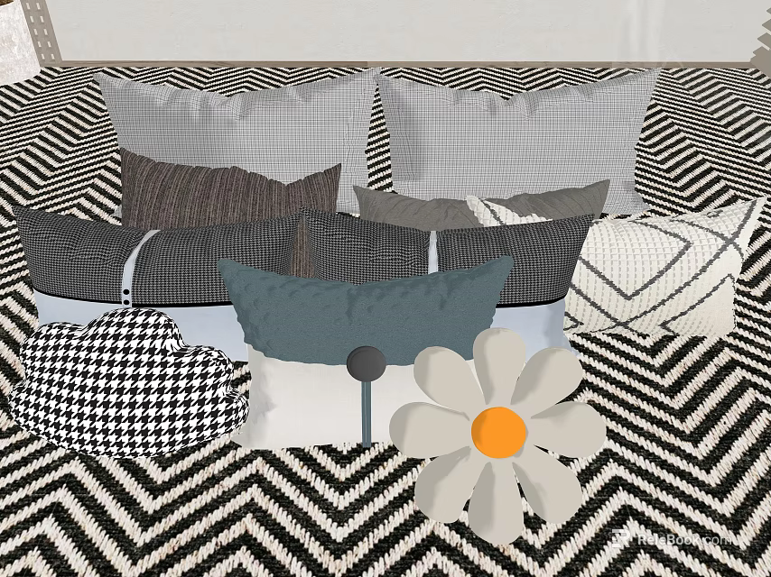 Decorative Throw Pillows With Various Patterns Houndstooth Stripes And Daisy On Bed 3d model 