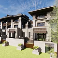 Modern Townhouse Exterior Design With Stone Facade Balconies And Courtyard Greenery