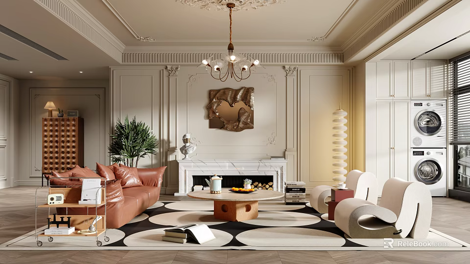 Luxury Living Room Interior With Fireplace Chandelier Sofa Rug Decorative Art And Green Plants 3d model 