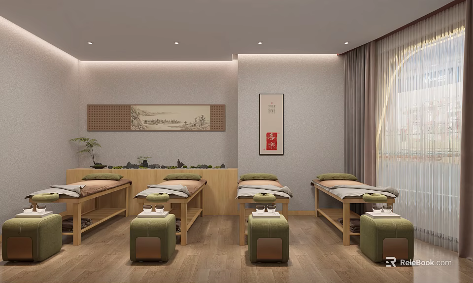 Tranquil SPA Sauna Room Interior With Wooden Massage Beds Green Stools Plants And Decorative Paintings 3d model 