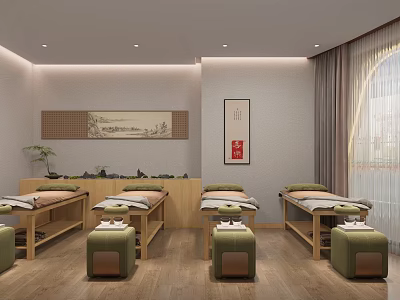 Tranquil SPA Sauna Room Interior With Wooden Massage Beds Green Stools Plants And Decorative Paintings 3d model