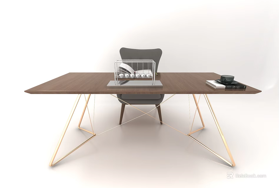 Elegant Modern Wooden Desk With Geometric Metal Legs Comfortable Chair And Office Items 3d model 