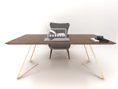 Elegant Modern Wooden Desk With Geometric Metal Legs Comfortable Chair And Office Items 3d model