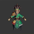 Cartoon Style Man In Green Red Traditional Outfit With Unique Headdress And Decorative Belt