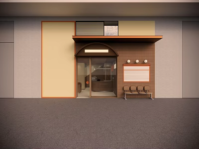 Sweet Shop Exterior With Brown Brick Facade Entrance Bench Seating And Menu Board 3d model