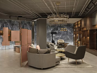 Elegant Modern Boutique Store Interior With Sofa Chairs Chandelier Bookshelves And Rug 3d model