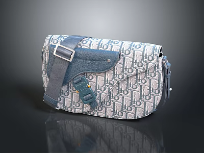 Stylish Gray Blue Crossbody Bag With Monogram Pattern Adjustable Strap And Metal Buckle 3d model