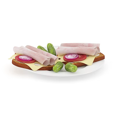 Open Faced Sandwiches Topped With Rolled Ham Cheese Tomato Pink Onion And Pickled Cucumbers 3d model