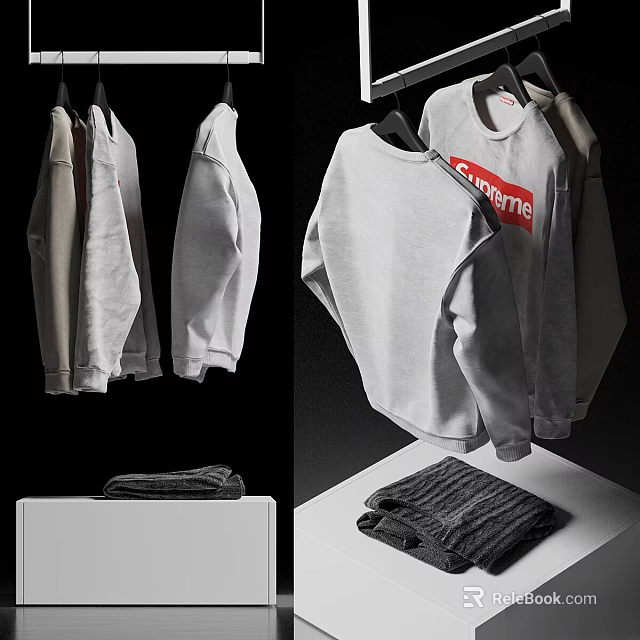 Gray Casual Clothes Including Supreme Logo Sweaters Hanging And Folded Knitwear For Everyday Wear 3d model 